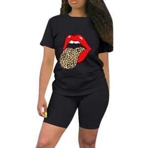 Black Leopard Red Lip Graphic Tee and Shorts Set Size S
